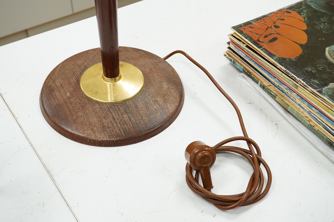 A vintage Mazda rosewood table lamp with opaque glass shade, 77cm high overall